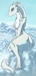  anthro blue_eyes breasts day detailed_background digital_media_(artwork) dragon eastern_dragon eyelashes featureless_breasts fur furred_dragon infinitedge2u outside sitting sky smile white_fur 