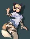  african_wild_dog_(kemono_friends) african_wild_dog_print animal_ears aqua_background black_hair blue_bow blue_neckwear blue_shorts bow bowtie breasts closed_mouth collared_shirt denim denim_shorts dog_ears dog_tail eyebrows_visible_through_hair eyelashes highres impossible_clothes impossible_shirt kemono_friends lang. light_brown_hair long_sleeves medium_breasts multicolored multicolored_clothes multicolored_hair multicolored_legwear orange_eyes pantyhose pantyhose_under_shorts pocket shirt short_hair short_over_long_sleeves short_sleeves shorts simple_background smile solo tail tsurime two-tone_hair white_shirt wide_sleeves 