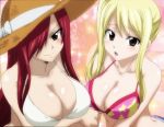  2girls bikini blonde_hair breasts cleavage erza_scarlet fairy_tail large_breasts long_hair lucy_heartfilia multiple_girls red_hair swimsuit 
