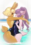  2017 anthro blonde_hair blush breast_squish breasts canine chawchaw cleo_(luckypan) clothing duo eye_contact eyelashes female fur gloves_(marking) hair head_grab hug inside lagomorph long_hair luckypan mammal markings partially_submerged pigtails purple_eyes purple_fur purple_hair rabbit red_eyes short_hair side_view standing swimming_pool swimsuit water wet yellow_fur 