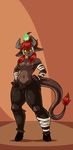  2017 4_fingers aliasing anthro bandage big_thighs biped black_nose breasts brown_fur brown_nipples brown_skin brown_tail caprine cicely_(stylusknight) cloven_hooves crotch_tuft demon digital_drawing_(artwork) digital_media_(artwork) erospertempus fangs female fire front_view full-length_portrait fur green_eyes green_fur grey_horn hair hand_on_hip hooves horn humanoid_hands long_tail looking_away looking_up mammal medium_breasts naturally_censored navel nipples nude orange_background ponytail portrait pseudo_clothing raised_eyebrow red_hair red_tail satyr scar shadow simple_background slim small_waist smile solo standing tail_tuft tuft two_tone_tail voluptuous wide_hips yellow_sclera 