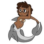  2013 black_eyes blush brown_skin eyewear female glasses hair marine merfolk monster_girl_(genre) mt seashell_bra shark_fin shark_tail short_hair simple_background solo white_background 