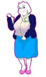  2017 4_fingers anthro badge big_breasts biped blue_bottomwear blue_clothing blue_eyes blue_topwear blush boss_monster breasts caprine clothing digital_drawing_(artwork) digital_media_(artwork) dr_satis dress_shirt eyelashes eyewear fangs female footwear front_view full-length_portrait glasses hi_res holding_object horn humanoid_hands jacket japanese jewelry kemono long_skirt looking_at_viewer magazine mammal mature_female necklace open_clothing open_jacket outline pince-nez plantigrade portrait raised_heel shadow shirt shoes simple_background skirt smile solo standing teacher toriel undertale uniform video_games white_background white_body white_clothing white_horn white_topwear 