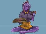 arrwulf blush clothing dripping female food goo no_underwear pizza purple_slime simple_background uniform 