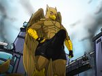  arrwulf avian brown_feathers brown_fur bulge destruction erection feathers fur gryphon macro 