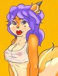  2017 anthro areola breasts canine carmelita_fox chest_tuft clothed clothing ear_piercing female flat-shading fox lipstick makeup mammal navel nipples piercing simple_background sly_cooper_(series) solo translucent tuft video_games yellow_background 