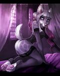  anthro black_bars breasts canine clothed clothing detailed_background digital_media_(artwork) dog female hair inside juliathedragoncat looking_at_viewer mammal pawpads pink_nose purple_hair solo 