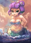  bare_shoulders belly breasts cala_maria_(cuphead) cleavage cuphead_(game) curvy cutesexyrobutts green_eyes hand_on_hip looking_at_viewer medium_breasts mermaid monster_girl navel ocean octopus parted_lips plump purple_hair raised_eyebrow seductive_smile short_hair simple_background smile solo wide_hips 