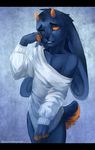  anthro black_bars blue_fur blue_hair clothed clothing digital_media_(artwork) fur hair horn hybrid juliathedragoncat lagomorph male mammal orange_eyes rabbit solo stanidng 