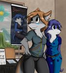  anthro breasts brown_hair canine clothed clothing detailed_background digital_media_(artwork) duo ear_piercing female fox green_eyes hair infinitedge2u mammal piercing purple_hair smile tan_eyes wide_hips wolf 