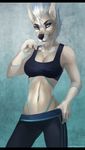  5_fingers anthro black_bars black_nose blue_eyes breasts canine clothed clothing digital_media_(artwork) dog eyebrows eyelashes female hi_res juliathedragoncat looking_at_viewer mammal midriff navel smile solo stanidng 