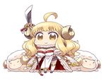  =_= ahoge anila_(granblue_fantasy) bangs blonde_hair blunt_bangs blush breasts cape chan_co chibi closed_mouth commentary eyebrows_visible_through_hair fur_trim gloves granblue_fantasy holding holding_weapon large_breasts long_hair looking_at_viewer pelvic_curtain polearm sheep simple_background smile solo standing thick_eyebrows thighhighs weapon white_background white_gloves yellow_eyes 