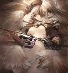  breasts capelet feathers hair_over_one_eye hat head_tilt large_breasts panties sepia solo sword underwear weapon white_hair yoshiku_(oden-usagi) 