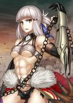  abs bandeau bangs bare_shoulders belt black_gloves blue_ribbon blunt_bangs blurry breasts brown_belt cape chain claw_(weapon) cloud commentary_request cowboy_shot debris depth_of_field dust elbow_gloves fate/grand_order fate_(series) fingerless_gloves fur-trimmed_cape fur_trim gloves gradient_sky grey_eyes grey_hair hair_ribbon halterneck hand_up holding kotera_ryou looking_at_viewer looking_to_the_side medium_breasts navel open_mouth penthesilea_(fate/grand_order) red_cape ribbon serious short_hair sidelocks sky solo standing toned underboob waist_cape weapon wing_collar 