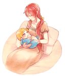  1girl baby baby_carry blonde_hair blue_eyes chuu closed_eyes commentary if_they_mated jaune_arc long_hair mother_and_son motherly pillow ponytail pyrrha_nikos red_hair rwby 