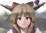  blurry bow brown_hair depth_of_field eyebrows_visible_through_hair eyelashes hair_bow horn_bow horns ibuki_suika ichiba_youichi lips looking_at_viewer outdoors portrait red_eyes sky solo touhou 