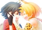  :d animal_ears black_hair blonde_hair closed_eyes commentary elbow_gloves face-to-face forehead-to-forehead gloves hands_on_another's_cheeks hands_on_another's_face holding_hands inukoro_(spa) kaban_(kemono_friends) kemono_friends multiple_girls neck_ribbon open_mouth ribbon serval_(kemono_friends) serval_ears serval_print short_hair smile white_background 