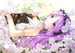  bangs bead_bracelet bead_necklace beads blurry bokeh bonnet bracelet depth_of_field dress euryale eyebrows_visible_through_hair fate/hollow_ataraxia fate_(series) fingernails flower hairband holding holding_flower iroha_(shiki) jewelry lolita_hairband long_hair looking_at_viewer lying nail_polish necklace on_back purple_eyes purple_hair purple_nails rose sleeveless sleeveless_dress smelling smile solo sunlight white_dress white_flower white_rose 