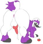  2017 animal_genitalia animal_penis anus ass_up backsack balls baron_montesque big_butt butt canine canine_penis clothed clothed_feral clothing feral food fruit fur furfrou grin hi_res hoodie knot looking_back male mammal nintendo penis perineum pok&eacute;mon precum presenting presenting_hindquarters purple_fur rear_view simple_background smile solo stubby_tail tomato video_games white_background white_fur 