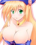  :o blonde_hair breasts collarbone dark_magician_girl duel_monster eyes_visible_through_hair green_eyes hat ibobata_stem jewelry large_breasts long_hair necklace nipples open_mouth pentacle solo upper_body wizard_hat yuu-gi-ou yuu-gi-ou_duel_monsters 