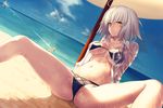  ahoge artoria_pendragon_(all) artoria_pendragon_(swimsuit_archer) bangs beach bikini black_bikini blonde_hair blue_sky blush breasts closed_mouth day dutch_angle eyebrows_visible_through_hair fate/apocrypha fate/grand_order fate/stay_night fate_(series) frown highres horizon jeanne_d'arc_(alter)_(fate) jeanne_d'arc_(fate)_(all) kawanakajima leaning_back legs looking_at_viewer medium_breasts mordred_(fate)_(all) mordred_(swimsuit_rider)_(fate) multiple_girls navel ocean open_clothes open_shirt outdoors prydwen saber sand see-through shirt short_hair silver_hair sitting sky solo_focus spread_legs stomach sunlight surfboard sweat swimsuit thighs water_gun wet wet_clothes wet_shirt yellow_eyes 