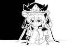  bangs bow closed_mouth epaulettes eyebrows_visible_through_hair greyscale hair_between_eyes hat hat_ribbon high_contrast holding long_sleeves monochrome ribbon ritual_baton rod_of_remorse shiki_eiki short_hair simple_background solo touhou upper_body 