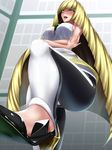  absurdres ass ass_visible_through_thighs bangs big_hair black_pants blonde_hair blunt_bangs blush breasts crossed_arms deep_skin diamond fat_mons green_eyes high_heels highres indoors large_breasts leg_up long_hair looking_down lusamine_(pokemon) mature multicolored_pants nose_blush open_mouth pants pink_lips pokemon pokemon_(game) pokemon_sm reflective_eyes shiny shiny_clothes shiny_hair shiny_skin shirt sideboob sleeveless sleeveless_shirt smile solo standing standing_on_one_leg tama_(tamakaka1031) thighs tongue very_long_hair white_pants white_shirt 