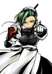  aiming_at_viewer apron black_lagoon breasts bun_cover ciel_manzoku dual_wielding fabiola_iglesias gloves green_eyes green_hair gun hair_bun holding mag-7 maid maid_headdress medium_breasts shotgun solo waist_apron weapon white_gloves 