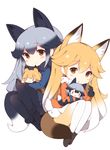  :3 animal_ears black_bow black_gloves black_legwear black_neckwear blonde_hair blue_jacket blush_stickers bow bowtie character_doll doll ezo_red_fox_(kemono_friends) fox_ears fox_tail gloves hair_between_eyes holding holding_doll jacket kemono_friends long_hair long_sleeves looking_at_viewer multicolored_hair multiple_girls orange_jacket pantyhose pleated_skirt silver_fox_(kemono_friends) silver_hair skirt smile tail watanon_(gakushokutei) white_skirt |_| 