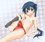  1girl blue_eyes blue_hair blush chikyuu_kuudou_setsu collarbone female flat_chest fundoshi hair_between_eyes japanese_clothes kin-iro_mosaic kneehighs komichi_aya leaning_back long_hair looking_at_viewer navel nipples open_mouth polka_dot polka_dot_background short_sleeves solo sweat tied_hair tied_shirt topless twintails 