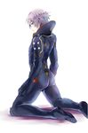  ass bodysuit from_behind full_body ledo_(suisei_no_gargantia) looking_at_viewer looking_back male_focus purple_eyes silver_hair solo suisei_no_gargantia umekonkonkon 