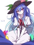  bangs black_hat blue_hair blush bow bowtie center_frills colored_eyelashes commentary_request dress food fruit hair_between_eyes hat head_tilt highres hinanawi_tenshi long_hair looking_at_viewer miata_(miata8674) number peach puffy_short_sleeves puffy_sleeves red_bow red_eyes red_neckwear short_sleeves sidelocks simple_background smile solo touhou tsurime v_arms very_long_hair white_background white_dress white_skin 