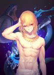  &gt;:( abs arm_at_side arm_up armpits bangs blonde_hair closed_mouth commentary_request earrings expressionless eyebrows_visible_through_hair fate/extra fate/extra_ccc fate_(series) frown gilgamesh gradient gradient_background hair_between_eyes hand_on_own_head jewelry liusang looking_at_viewer male_focus navel purple_background red_eyes scales shatter shiny shiny_hair shirtless shoulder_necklace snake stomach translated upper_body v-shaped_eyebrows 