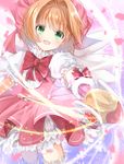  :d bangs blurry bow bowtie cardcaptor_sakura cowboy_shot depth_of_field dress eyebrows_visible_through_hair frilled_dress frills fuuin_no_tsue gloves green_eyes hat highres holding holding_wand iroha_(shiki) kinomoto_sakura light_brown_hair looking_at_viewer magic magical_girl open_mouth outstretched_arm petals pink_dress pink_hat puffy_short_sleeves puffy_sleeves red_bow red_neckwear short_hair short_sleeves smile solo thighhighs wand white_gloves white_legwear white_wings wings 