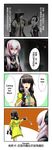  4koma black_hair comic english eyepatch girls_frontline gloves heterochromia highres jacket long_hair m16a1_(girls_frontline) m4_sopmod_ii_(girls_frontline) microphone multicolored_hair multiple_girls orange_eyes petting pink_hair ramsus red_eyes ro635_(girls_frontline) streaked_hair translated yellow_eyes 