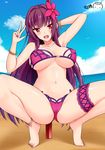  artist_name bad_id bad_pixiv_id barefoot beach bikini blue_sky bracelet breasts cleavage cloud dated day fate/grand_order fate_(series) flower hair_flower hair_ornament hibiscus horizon jewelry large_breasts long_hair looking_at_viewer nail_polish open_mouth outdoors pink_bikini ppshex purple_hair red_eyes scathach_(fate)_(all) scathach_(swimsuit_assassin)_(fate) signature sky solo spread_legs squatting swimsuit thigh_strap v 