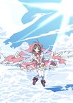  ahoge bird bow brown_hair cardcaptor_sakura cloud dress edoya_inuhachi flying green_eyes hat highres kinomoto_sakura light_rays magical_girl puffy_short_sleeves puffy_sleeves short_sleeves sky sunbeam sunlight thighhighs white_legwear wings 