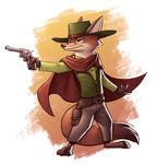  2017 anthro barefoot belt canine cape cheek_tuft clothed clothing disney fox fuel_(artist) gun half-closed_eyes handgun hat holding_object holding_weapon holster male mammal nick_wilde ranged_weapon revolver smile solo standing tuft vest weapon zootopia 