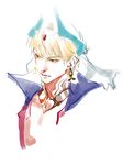  blonde_hair closed_mouth detached_collar earrings eyebrows_visible_through_hair fate/grand_order fate_(series) gem gilgamesh gilgamesh_(caster)_(fate) gorget hat horns jewelry male_focus pauldrons pink_lips portrait red_eyes simple_background solo tenobe white_background 