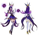  1girl alternate_costume alternate_hair_color alternate_hairstyle boots concept_art elbow_gloves energy_ball forehead_protector gloves high_heel_boots league_of_legends long_hair magical_girl purple_eyes purple_hair skirt solo star star_guardian_syndra steve_zheng syndra thigh_boots 