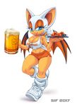  1girl beer breasts bursting_breasts cleavage collaboration food furry green_eyes highres hooters large_breasts looking_at_viewer rouge_the_bat sega short_hair sideboob smile sonic_forces sonic_the_hedgehog wings 