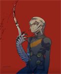  1boy blood digital_devil_saga grey_hair grin red_background serph shin_megami_tensei simple_background solo yellow_eyes 