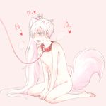  1girl animal_ears blush collar leash long_hair nagasawa_(tthnhk) nipples nude ponytail rwby small_breasts tail weiss_schnee white_hair 