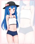  alternate_costume arms_behind_back arms_up bangs bare_arms bare_shoulders black_hat blue_hair blush border breasts camisole closed_mouth collarbone covered_nipples cowboy_shot food fruit hat highres hinanawi_tenshi long_hair looking_at_viewer navel nyatrix peach pink_border red_eyes shiny shiny_skin simple_background sleeveless small_breasts solo spaghetti_strap standing stomach tareme touhou white_background zoom_layer 