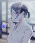  bare_arms black_hair blowing blue_eyes blurry blurry_background fingernails flat_chest glass glass_blowing half-closed_eyes highres holding looking_to_the_side mouth_hold original p2_(uxjzz) profile shirt short_hair short_ponytail sleeveless sleeveless_shirt solo upper_body 