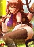  android_21 bearwitch black-framed_eyewear blue_eyes breasts brown_hair curly_hair detached_sleeves dragon_ball dragon_ball_fighterz dress earrings glasses highres hoop_earrings jewelry long_hair looking_at_viewer medium_breasts smile solo thighhighs 