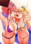  :d areola_slip areolae armpits artist_name bikini bikini_tan blush bowcan breasts brown_eyes cellphone cleavage fang green_eyes hair_ornament hair_scrunchie hand_on_another's_neck idolmaster idolmaster_cinderella_girls jewelry jougasaki_mika jougasaki_rika large_breasts long_hair multiple_girls nail_polish navel necklace necktie nipple_slip nipples open_mouth phone pink_hair profile purple_background purple_bikini purple_nails scrunchie self_shot siblings signature sisters small_breasts smile star star_necklace striped striped_bikini striped_scrunchie swimsuit tan tanline teeth two_side_up v v_over_eye wet 