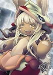  animal_ears arikanrobo bunny_ears ears_through_headwear eyebrows_visible_through_hair furry hat highres long_hair looking_at_viewer made_in_abyss nanachi_(made_in_abyss) navel open_mouth smile solo teeth white_hair yellow_eyes 