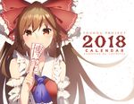  &gt;:) 2018 ascot bare_shoulders bow brown_eyes brown_hair calendar_(medium) closed_mouth commentary cover_image covering_mouth detached_sleeves eyebrows_visible_through_hair frilled_bow frilled_shirt_collar frills hair_bow hakurei_reimu holding japanese_clothes long_hair long_sleeves looking_at_viewer miko ofuda red_bow ribbon-trimmed_sleeves ribbon_trim shiyun simple_background smile solo touhou upper_body v-shaped_eyebrows white_background 
