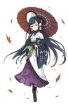  black_gloves black_hair blue_eyes bonnet boots brown_footwear cross-laced_footwear floral_print full_body gloves hair_ornament highres japanese_clothes leaf lolita_fashion long_hair looking_at_viewer oboro_(princess_principal) official_art parasol princess_principal princess_principal_game_of_mission purple_skirt skirt solo standing transparent_background umbrella wa_lolita 
